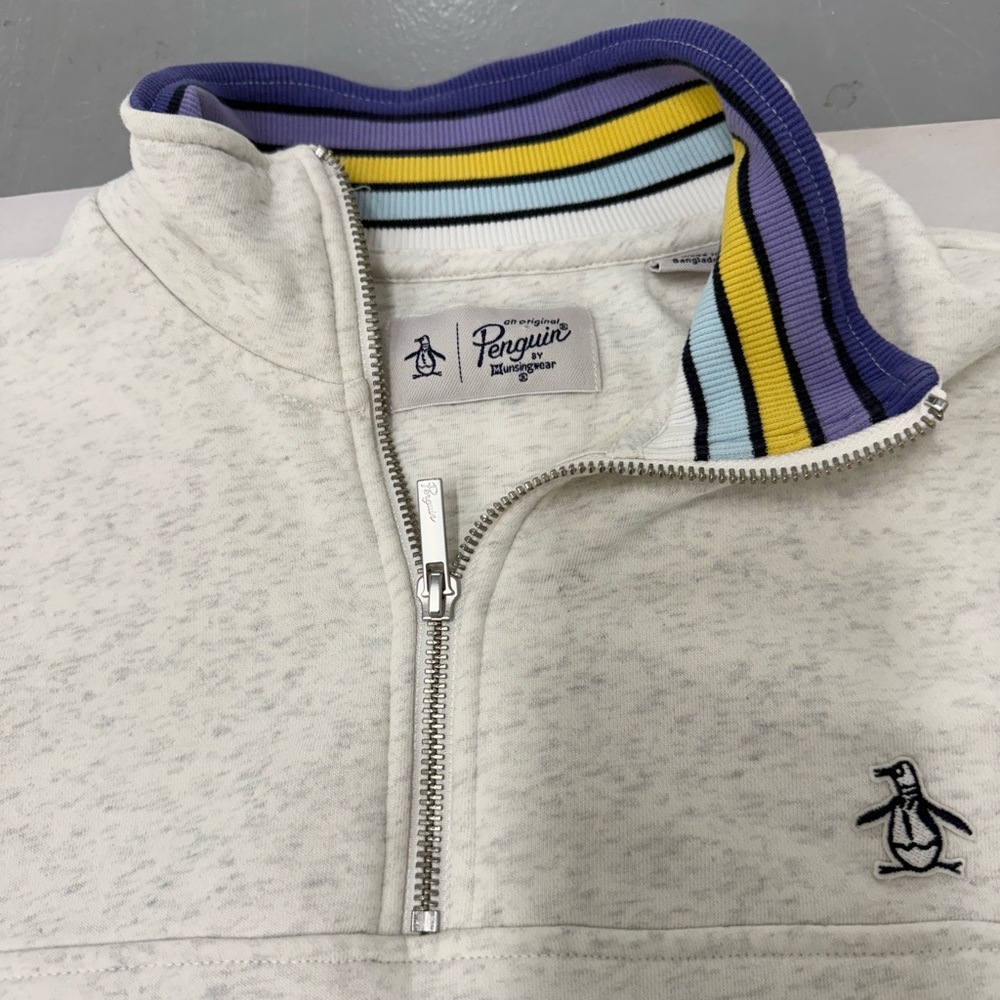 Original Penguin Men's Off-White Zip-Up Sweater with Striped Collar